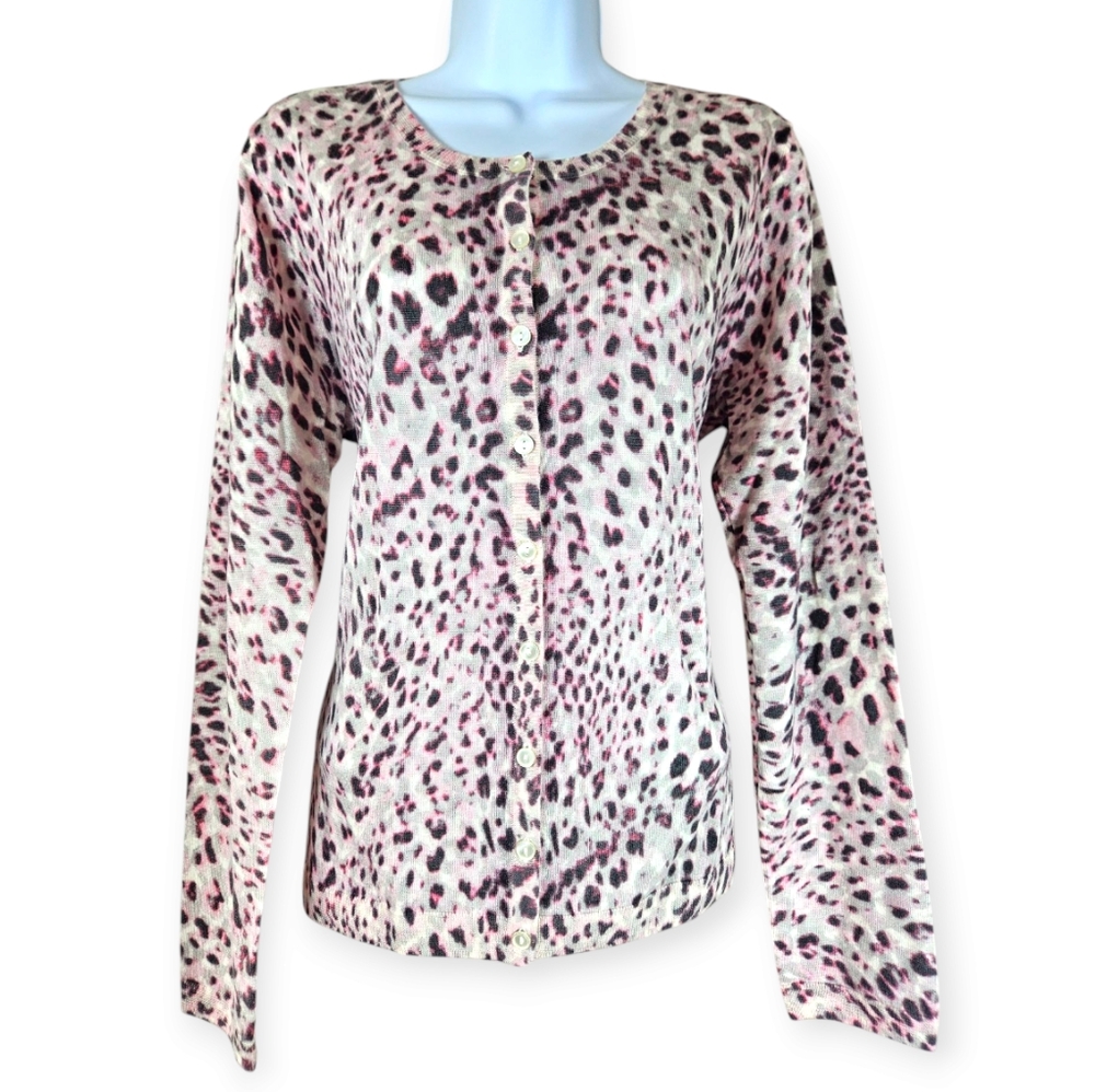 NWOT Talbots pink white animal print Merino wool cardigan sweater Womens Large - Picture 2 of 9